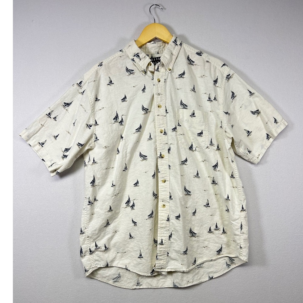 Trader Bay Sailboat Shirt Mens Large Cream Linen Blend Short Sleeve‎ Nautical